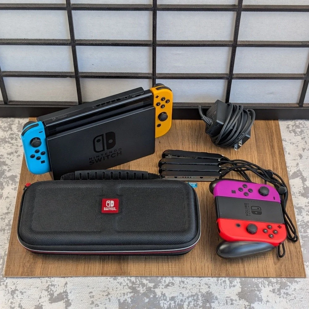 Nintendo Switch HAC-001 Bundle 4 Joy-Cons 128GB SD Card Dock Case Neon Colors